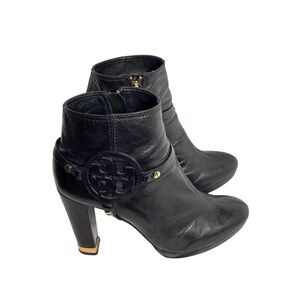 Tory Burch Black Leather Reva Logo Platform Block Heel‎ Ankle Boots Size 8M